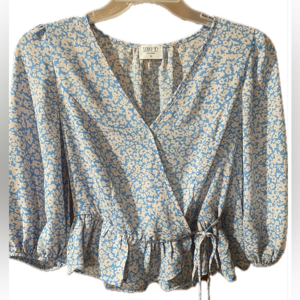Sienna Sky Blue and Cream Floral Wrap Blouse